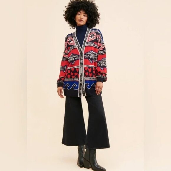 FARM Rio Navy Mixed Prints Fish Knit Cardigan Size L - Picture 2 of 4